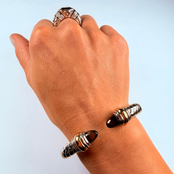 Scott Kay 18K Gold Smoky Quartz Hinged Cuff Sterling Silver 925 Waverly Bracelet - Picture 7 of 12